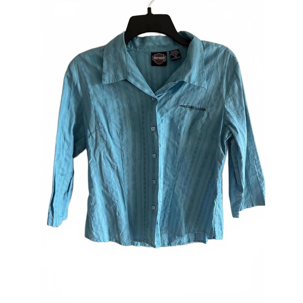 Harley Davidson Blue 34 Sleeve Button Up‎ Collared Logo Blouse Medium